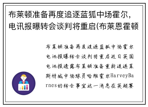 布莱顿准备再度追逐蓝狐中场霍尔，电讯报曝转会谈判将重启(布莱恩霍顿)