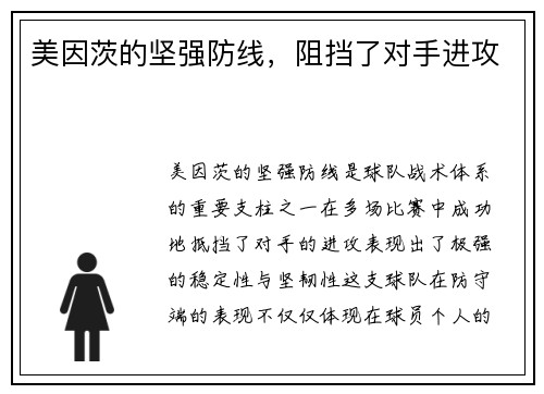 美因茨的坚强防线，阻挡了对手进攻