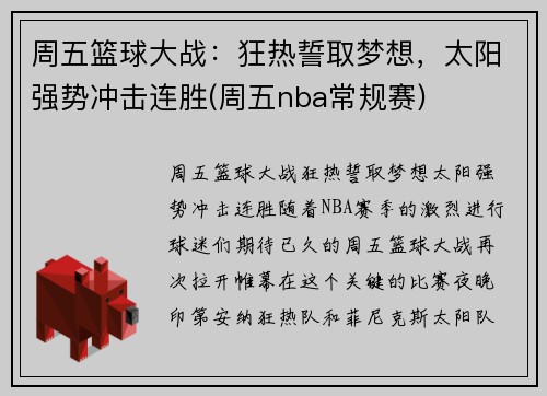 周五篮球大战：狂热誓取梦想，太阳强势冲击连胜(周五nba常规赛)
