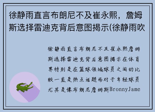 徐静雨直言布朗尼不及崔永熙，詹姆斯选择雷迪克背后意图揭示(徐静雨吹詹姆斯)