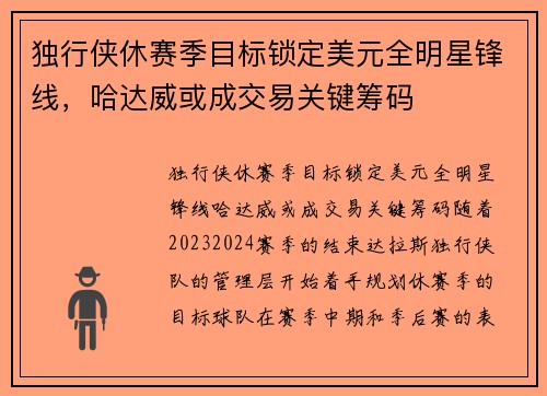 独行侠休赛季目标锁定美元全明星锋线，哈达威或成交易关键筹码
