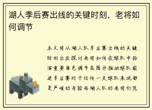 湖人季后赛出线的关键时刻，老将如何调节