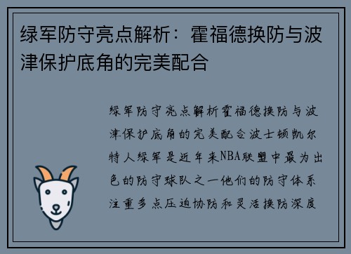绿军防守亮点解析：霍福德换防与波津保护底角的完美配合