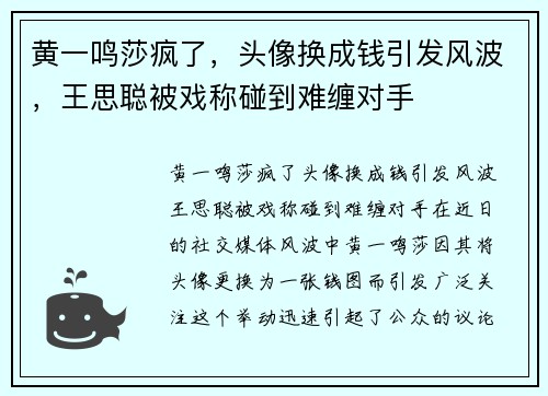黄一鸣莎疯了，头像换成钱引发风波，王思聪被戏称碰到难缠对手