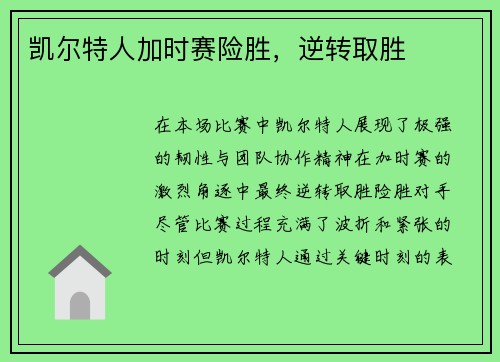 凯尔特人加时赛险胜，逆转取胜