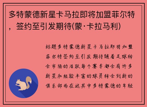 多特蒙德新星卡马拉即将加盟菲尔特，签约至引发期待(蒙·卡拉马利)