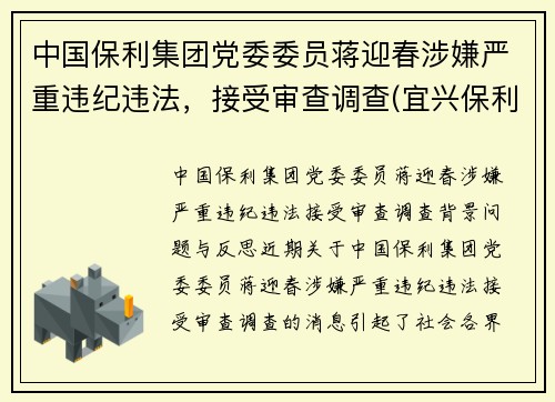 中国保利集团党委委员蒋迎春涉嫌严重违纪违法，接受审查调查(宜兴保利紫砂研究院蒋君)
